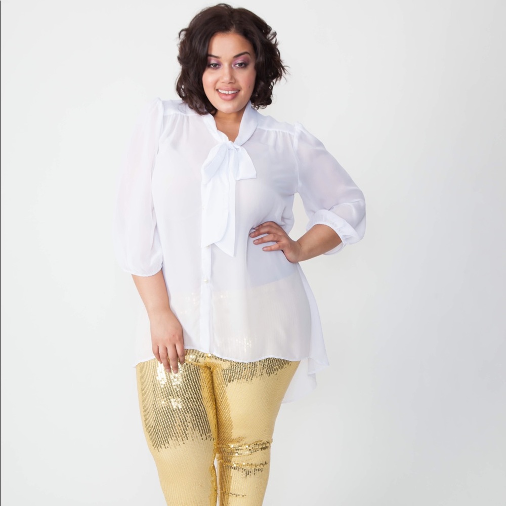 Plus size, Long sleeve bow tie blouse